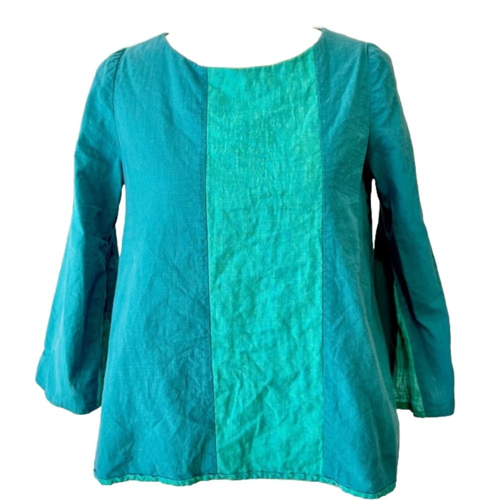 Asymmetric Hand Made Linen Blouse Turquoise Stripe Pockets Long Sleeved Sz S
